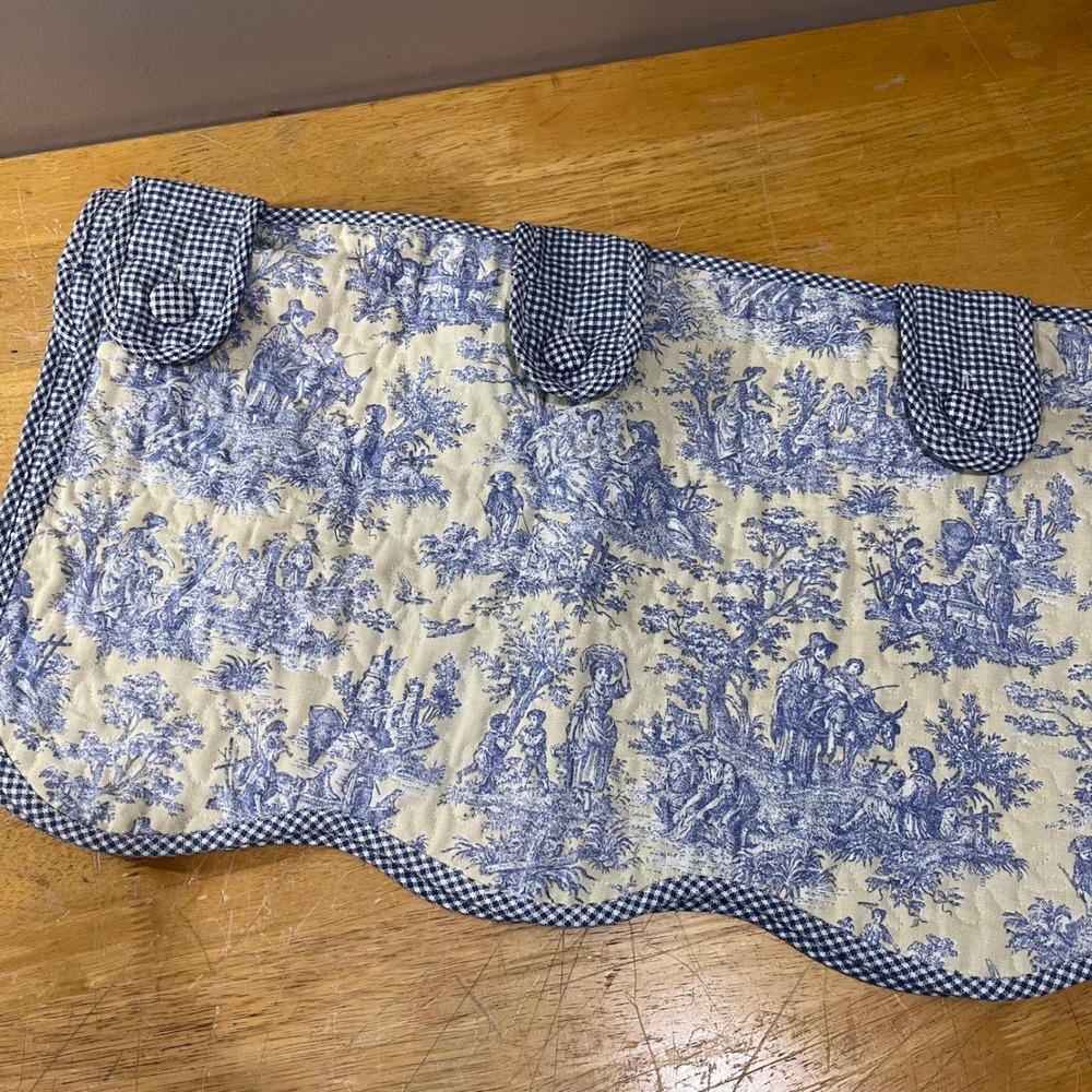 Waverly Blue Toile Gingham Quilted Valance Scalloped Button Tab Country Life